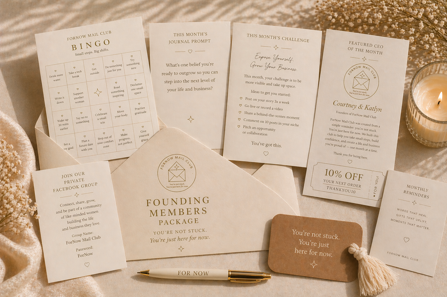 ForNow Mail Club founding members mailer featuring a 5x7 envelope with journal prompt, bingo card, monthly challenge, CEO feature, and community insert.
